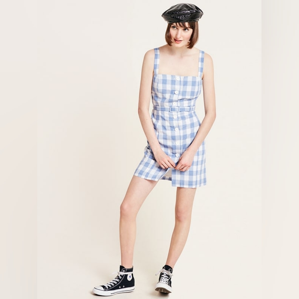 NWT ASOS Nobody's Child Lily Pinny Dress in Blue Check 💙 (Sz 8-US)